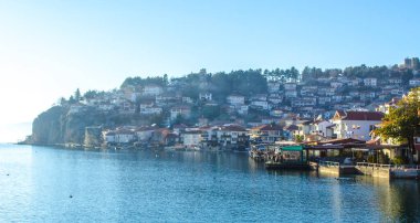 historical part of unesco listed town ohrid is located next to the ohrid lake and spread all over the hill with fortress of tzar samuel at the top.