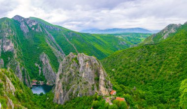 aerial view of the saint nikola monastery near matka lake in macedonia