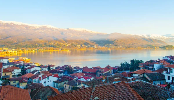 Ηλιοβασίλεμα Πάνω Από Unesco Αναφέρονται Ohrid Πόλη Στην Macedonia — Φωτογραφία Αρχείου