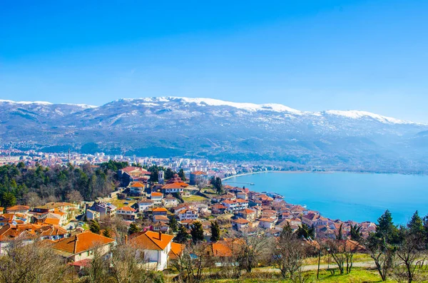 Vista Aérea Ciudad Macedonia Ohrid Que Famosa Por Centro Histórico — Foto de Stock