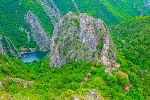 aerial view of the saint nikola monastery near matka lake in macedonia