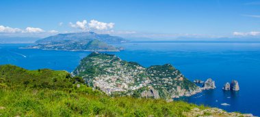 aerial view of italian holiday island capri, which combines beautiful nature spreadin over two hills and two tiny cities among them