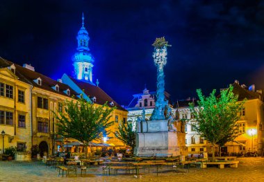 Macar şehri Sopron 'un ana meydanı. Kutsal üçleme sütunu ve ünlü yangın kulesi de dahil.