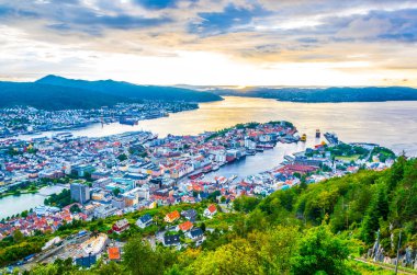 Bergen 'de gün batımı manzarası ve dağ çiçeğinden liman manzarası