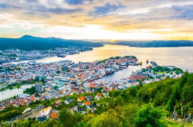 Bergen 'de gün batımı manzarası ve dağ çiçeğinden liman manzarası