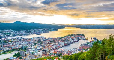Bergen 'de gün batımı manzarası ve dağ çiçeğinden liman manzarası