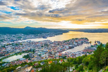 Bergen 'de gün batımı manzarası ve dağ çiçeğinden liman manzarası