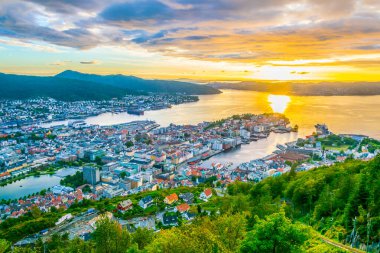 Bergen 'de gün batımı manzarası ve dağ çiçeğinden liman manzarası