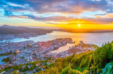 Bergen 'de gün batımı manzarası ve dağ çiçeğinden liman manzarası