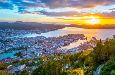 Bergen 'de gün batımı manzarası ve dağ çiçeğinden liman manzarası