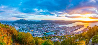 Bergen 'de gün batımı manzarası ve dağ çiçeğinden liman manzarası