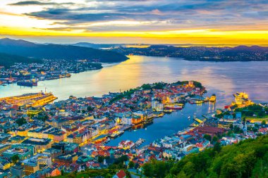 Bergen 'de gün batımı manzarası ve dağ çiçeğinden liman manzarası