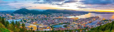 Bergen 'de gün batımı manzarası ve dağ çiçeğinden liman manzarası