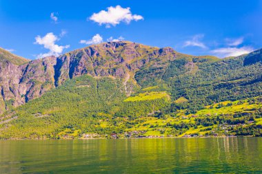 Norwa 'daki Aurlandsfjord' un kıyısındaki bir köyün manzarası - Unesco askere yazıldı.