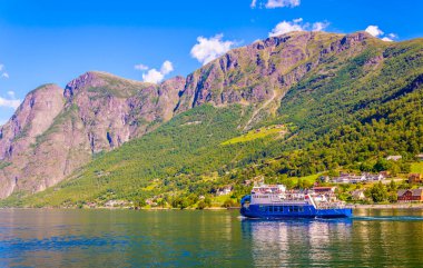 Norwa 'daki Aurlandsfjord' un kıyısındaki bir köyün manzarası - Unesco askere yazıldı.