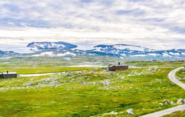 Oslo ve Berge arasındaki Norveç 'in en manzaralı demiryolu hattı boyunca Finse yakınlarındaki doğa manzarası