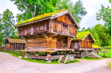 Norwa, Oslo 'daki Norveçli halk müzesinde geleneksel bir çiftlik evi manzarası