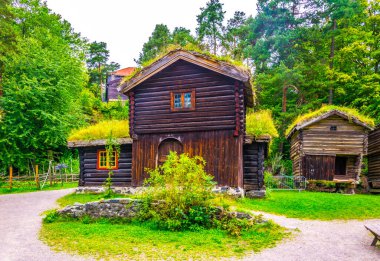 Norwa, Oslo 'daki Norveçli halk müzesinde geleneksel bir çiftlik evi manzarası