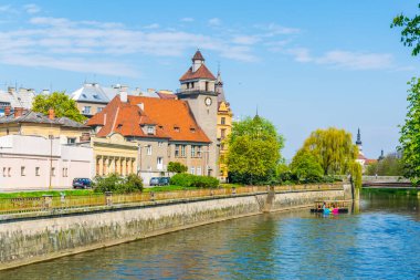 Riverside of the morava river with an evangelical church in the czech city Olomouc