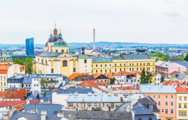 aerial view of the czech city olomouc including kostel panny marie snezne churc
