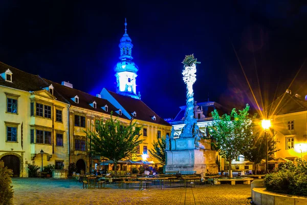 Night View Illuminated Ter Main Square Hungarian City Sopron Including — Zdjęcie stockowe