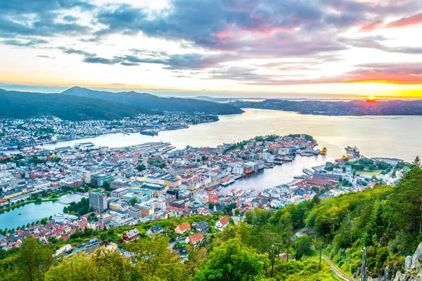 Bergen 'de gün batımı manzarası ve dağ çiçeğinden liman manzarası
