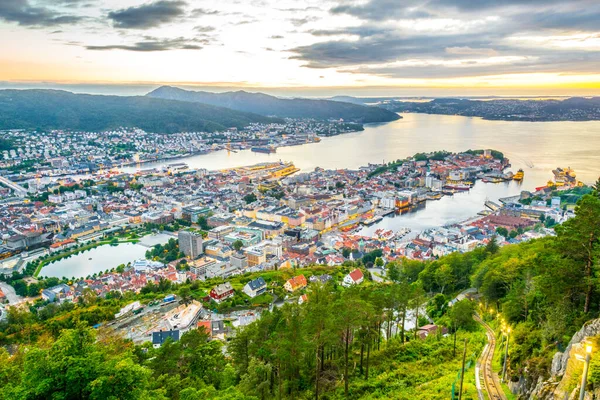 Bergen 'de gün batımı manzarası ve dağ çiçeğinden liman manzarası