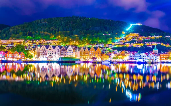 Night View Historical Wooden District Bryggen Norwegian City Bergen — Photo