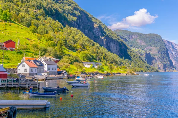 Norwa 'daki Aurlandsfjord' un kıyısındaki bir köyün manzarası - Unesco askere yazıldı.