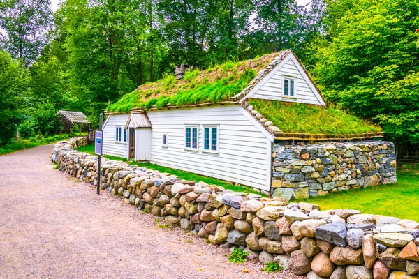 Norwa, Oslo 'daki Norveçli halk müzesinde geleneksel bir çiftlik evi manzarası