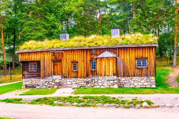 Norwa, Oslo 'daki Norveçli halk müzesinde geleneksel bir çiftlik evi manzarası