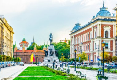 Jana Matejki Krakow Polonya plağında Barbikan kalesi olan Grunwald Anıtı