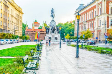 Jana Matejki Krakow Polonya plağında Barbikan kalesi olan Grunwald Anıtı