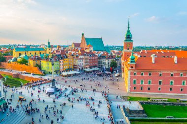 Aerial view of the castle square in front of the royal castle and sigismunds column in Warsaw, Poland