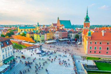 Aerial view of the castle square in front of the royal castle and sigismunds column in Warsaw, Poland