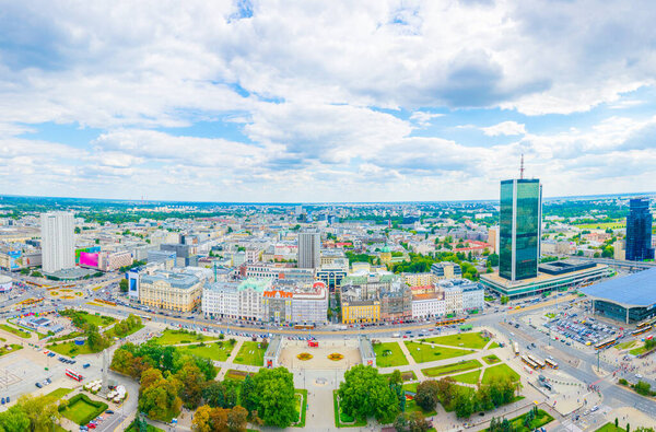 Aerial view of the center of Warsaw from the palace of culture and science.