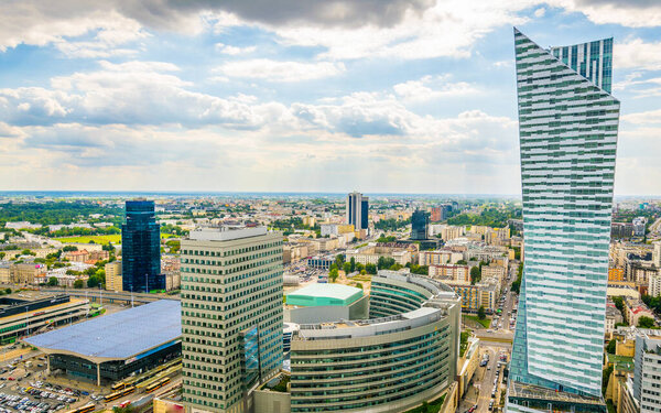 Aerial view of a business center in the polish capital warsaw.