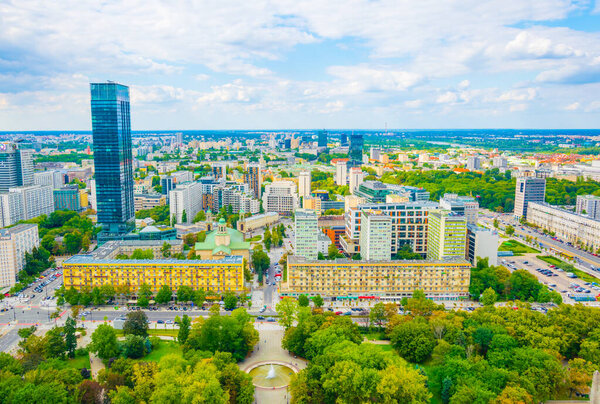 Aerial view of the swietokrzyski park and center of Warsaw from the palace of culture and science.