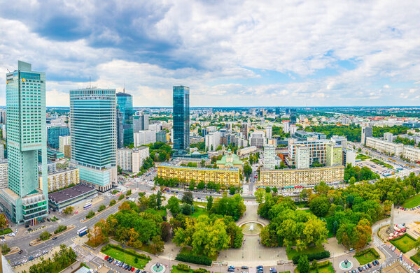 Aerial view of the swietokrzyski park and center of Warsaw from the palace of culture and science.