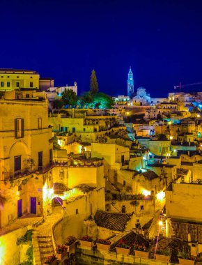 Night view of the Italian city Matera dominated by the cathedral