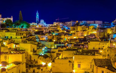 Night view of the Italian city Matera dominated by the cathedral