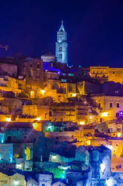 Night view of the Italian city Matera dominated by the cathedral