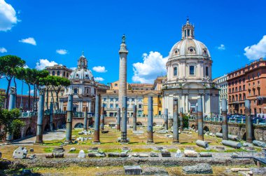 Part of the Trajan's Forum (Foro Di Traiano) showing some of the ruins, Trajan's Column, Santissimo Nome di Maria al Foro Traiano Church and other buildings and with copy space