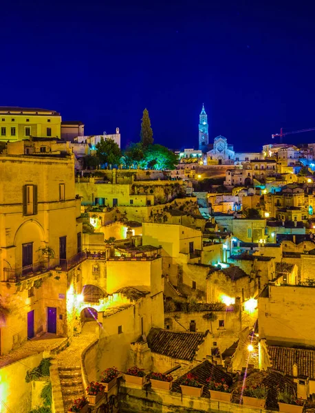 Night View Italian City Matera Dominated Cathedral — Stock Photo, Image