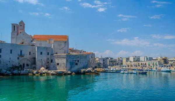 Giovinazzo limanının manzarası İtalya 'daki yerel katedralin görkemli binasının egemenliğinde.