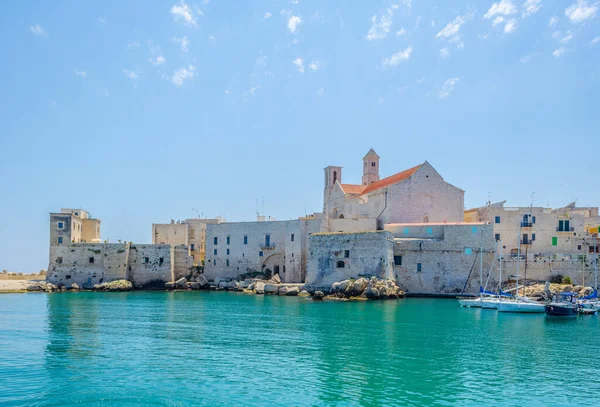 Giovinazzo limanının manzarası İtalya 'daki yerel katedralin görkemli binasının egemenliğinde.