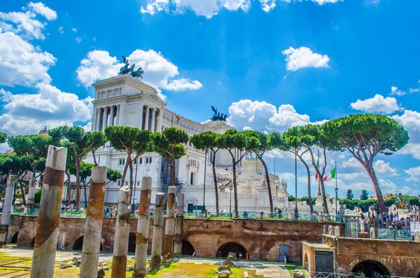 Ruins of Trajan's Forum in Rome, Italy provide magnificient view of vittoriano monument standing nearby.