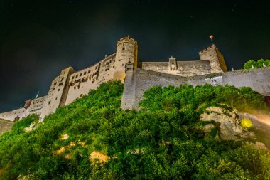 Night view of the festung Hohensalzburg fortress in the central Salzburg, Austria
