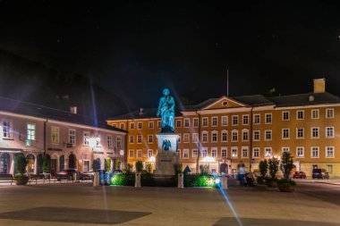 Night view of the Mozartplatz square in the historical part of the Austrian city Salzburg