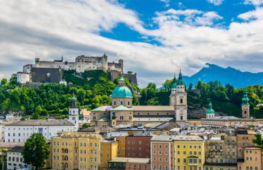 Aerial view of the festung Hohensalzburg fortress and the Salzburg Cathedral in the central Salzburg, Austria
